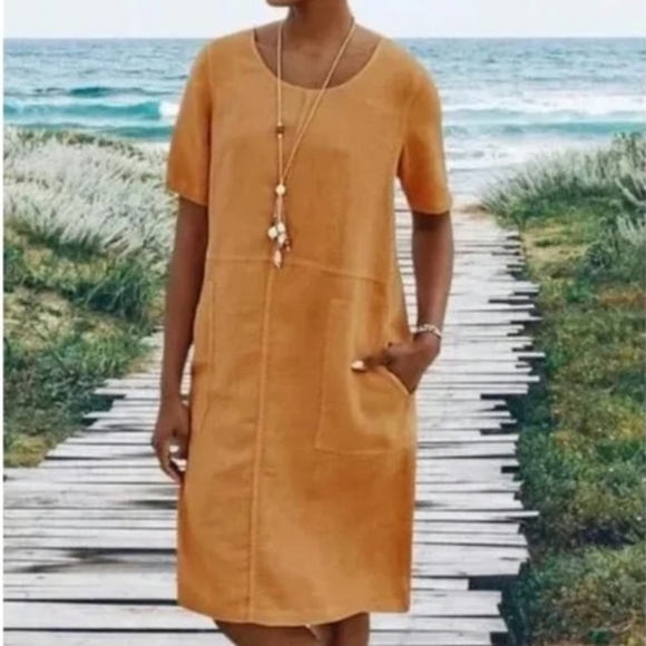 Pure Jill X J. Jill 100% Linen Short Sleeve Pockets Modest Dress Size S - Picture 1 of 8